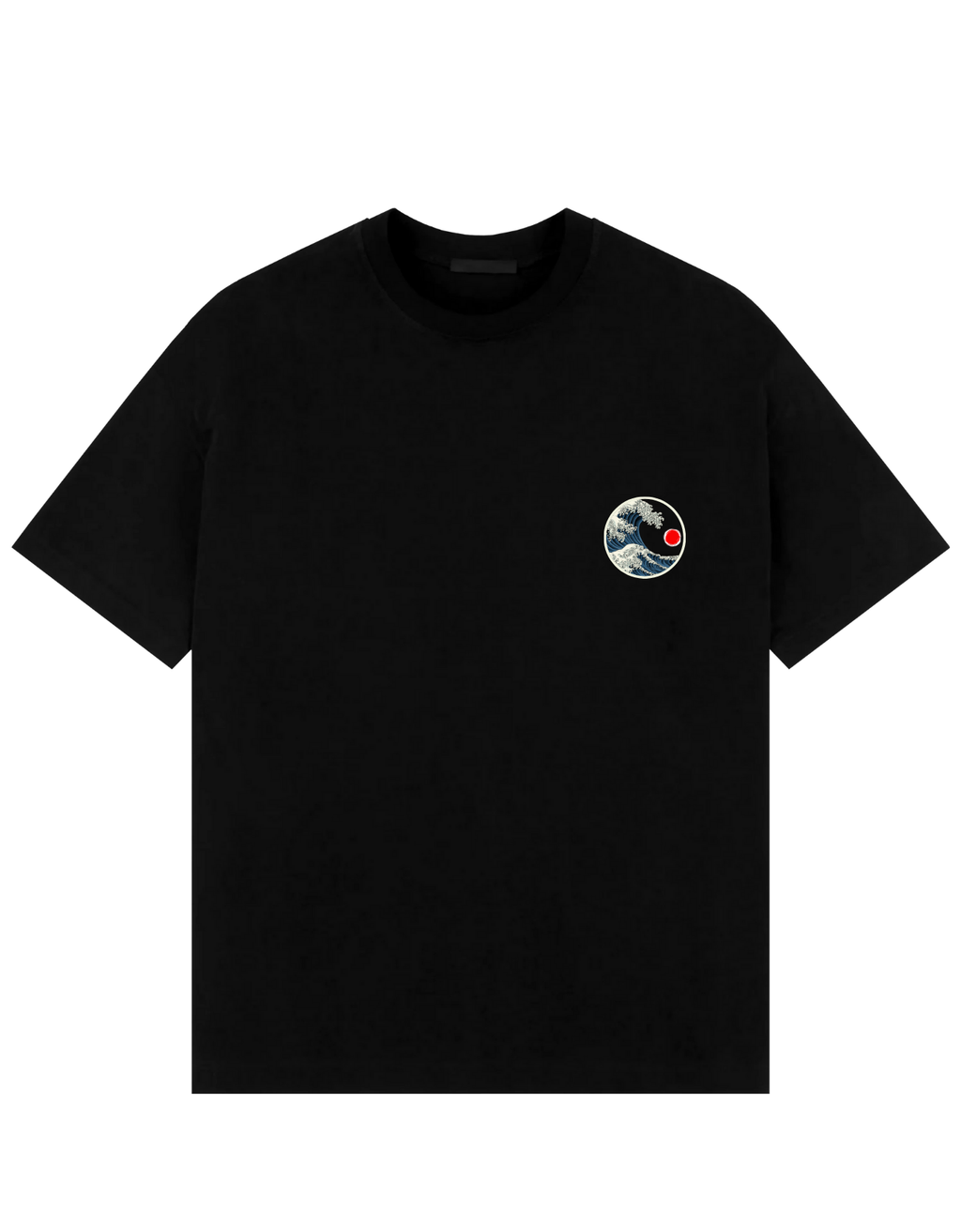 Front view of black oversized T-shirt with a small circular chest print showing a stylized Great Wave and a red sun, inspired by Hokusai’s iconic design.