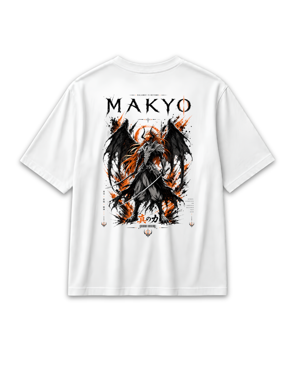 White graphic T-shirt inspired by Ichigo Kurosaki’s ultimate form from Bleach. Modern/loose and oversized fits, made to order and DTG printed in Greece.