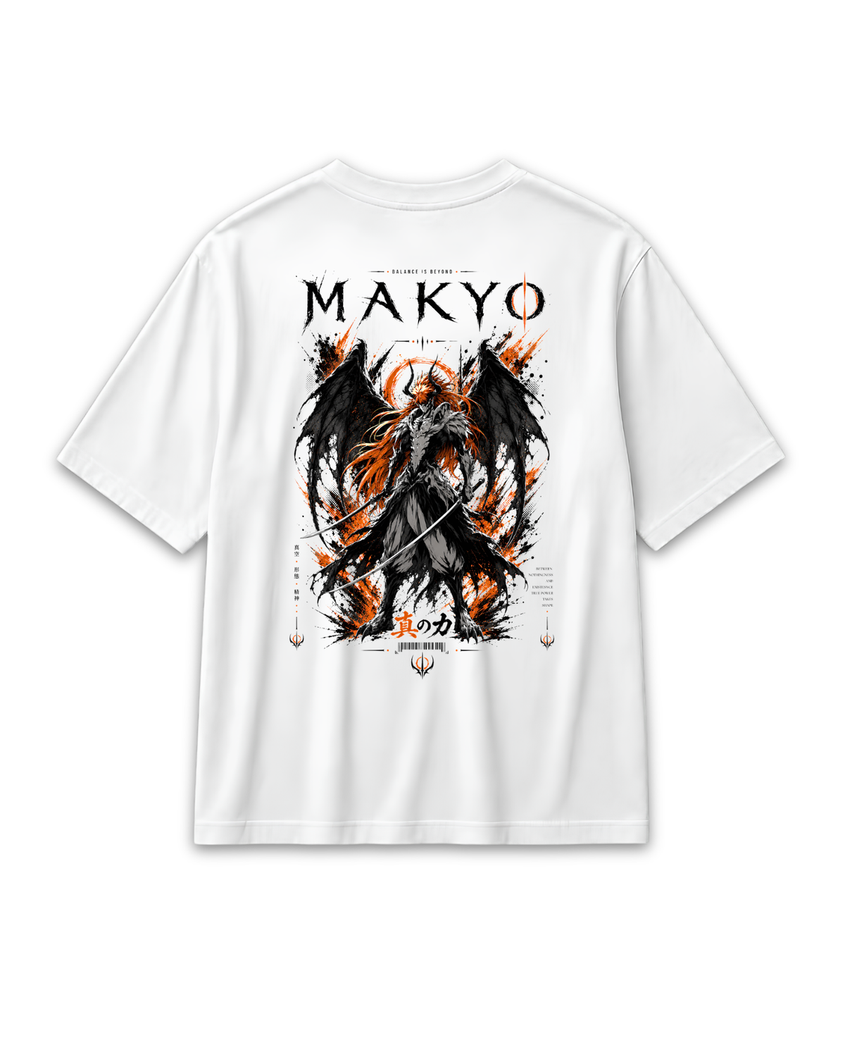 White graphic T-shirt inspired by Ichigo Kurosaki’s ultimate form from Bleach. Modern/loose and oversized fits, made to order and DTG printed in Greece.