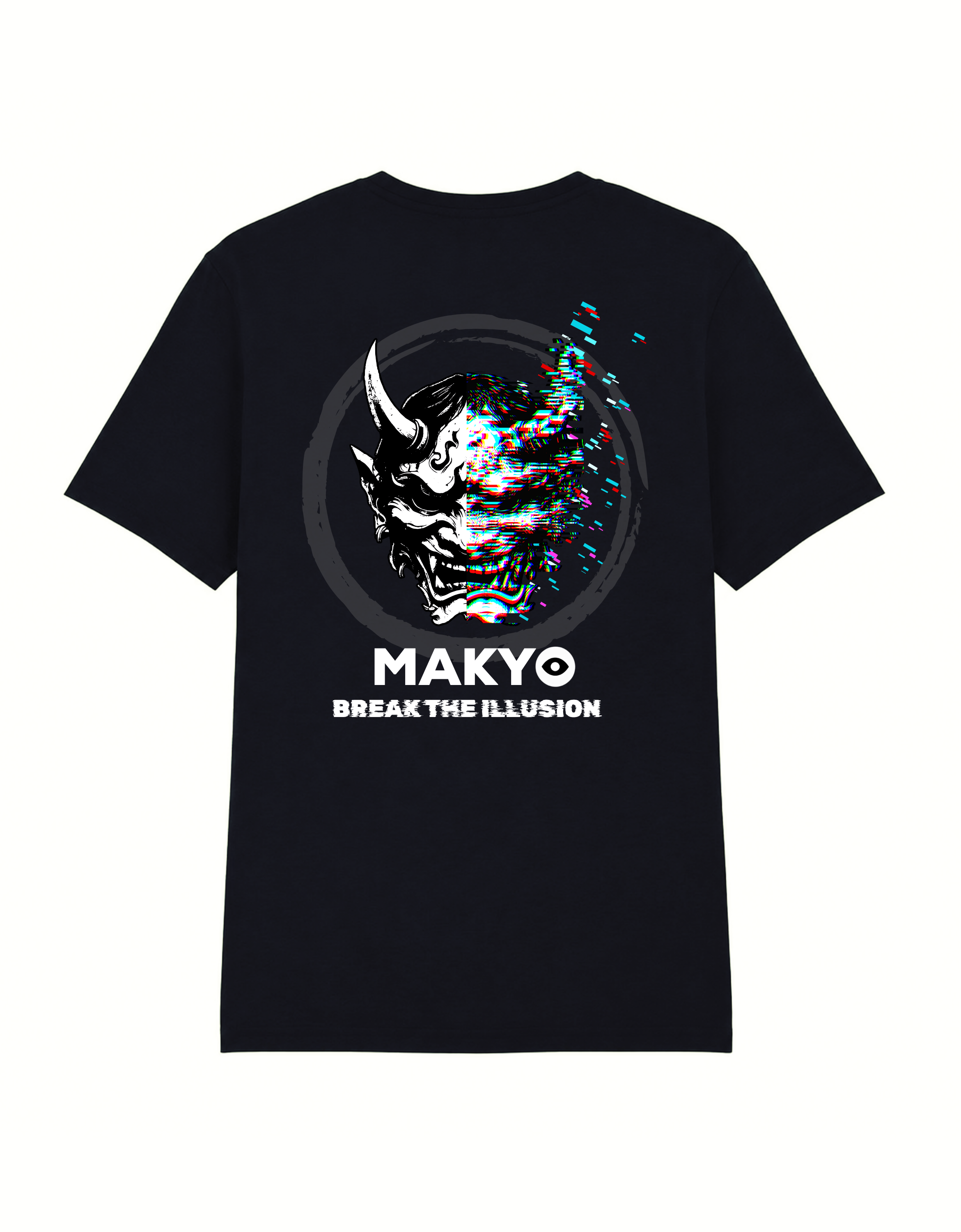 Back view of the black Break the Glitch T-shirt with fractured Japanese oni mask artwork