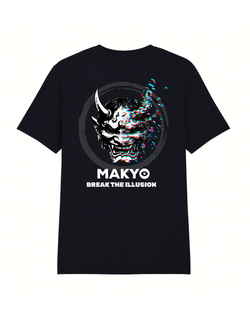 Back view of the black Break the Glitch T-shirt with fractured Japanese oni mask artwork