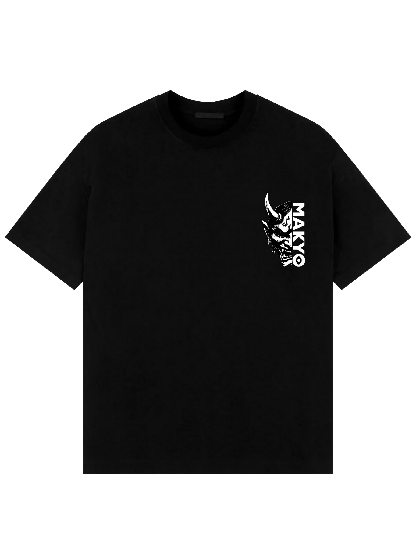 Front view of black oversized T-shirt with small white Oni mask print and vertical MAKYO logo over the left chest.