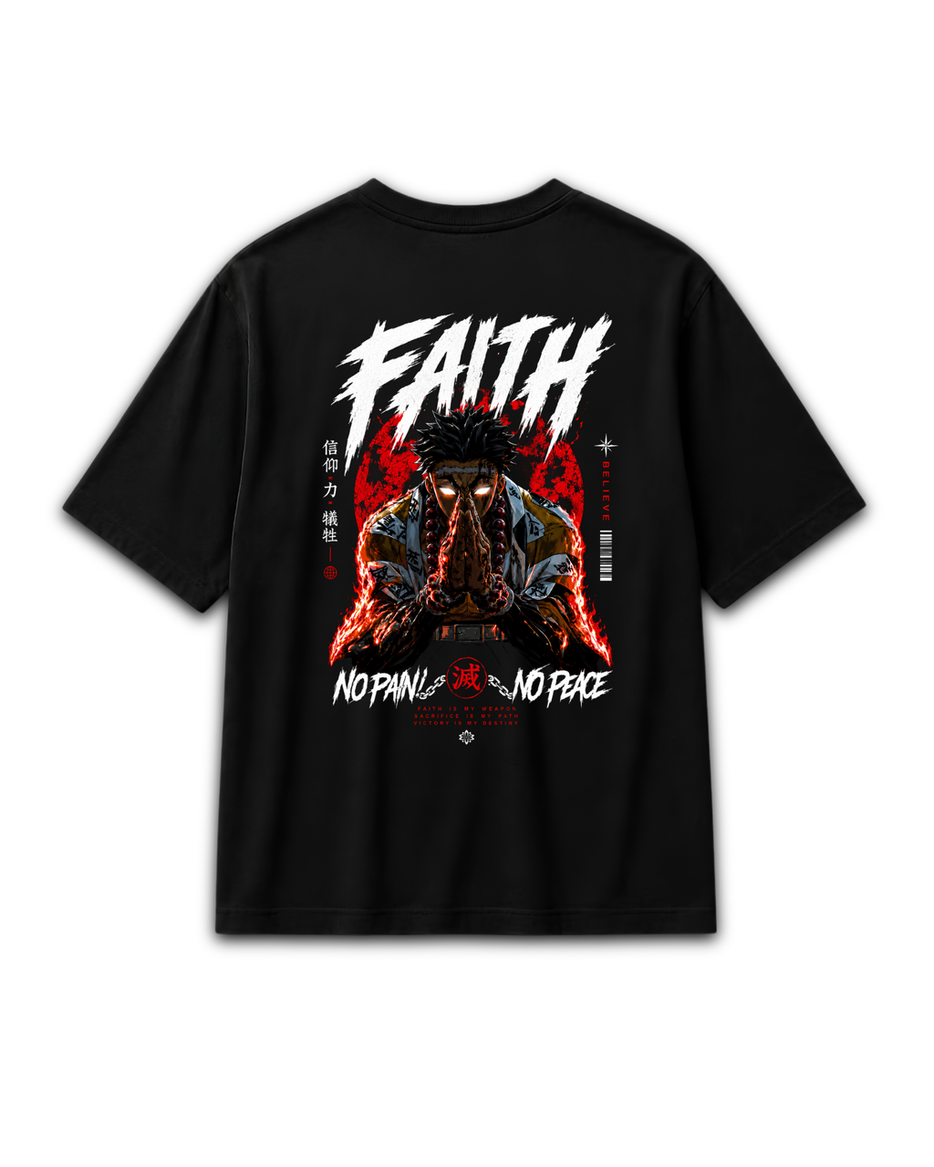 Back view of the black Gyomei Himejima Faith T-shirt with large character artwork inspired by Demon Slayer