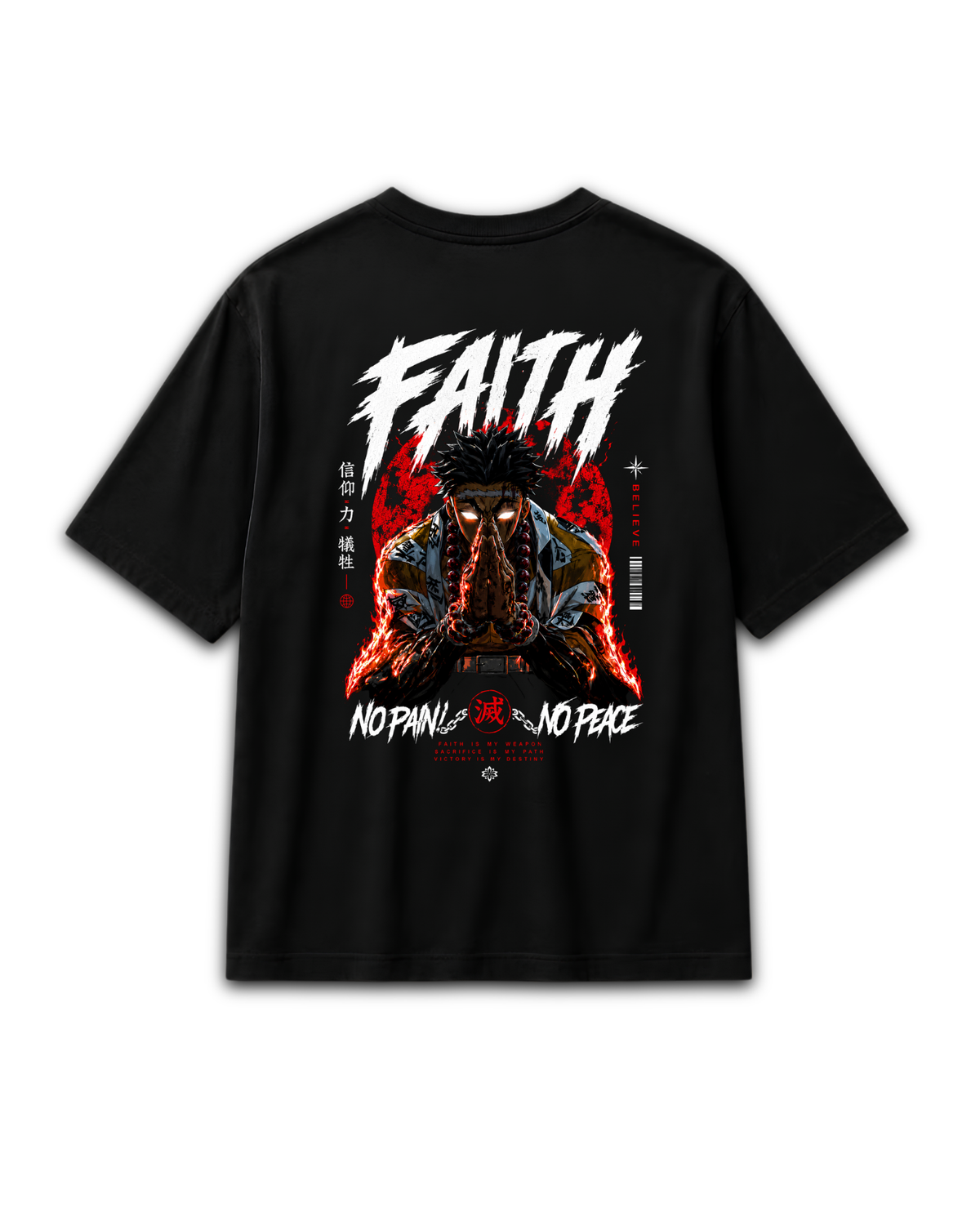 Back view of the black Gyomei Himejima Faith T-shirt with large character artwork inspired by Demon Slayer