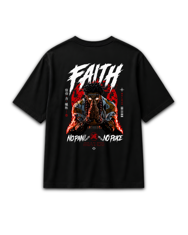Back view of the black Gyomei Himejima Faith T-shirt with large character artwork inspired by Demon Slayer