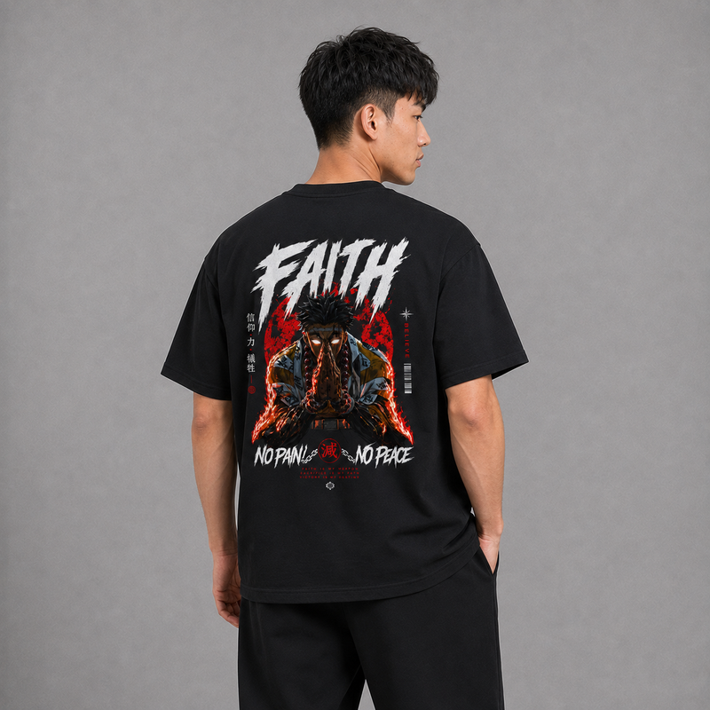 Back view of a model wearing the black Gyomei Faith T-shirt with large Gyomei artwork inspired by Demon Slayer