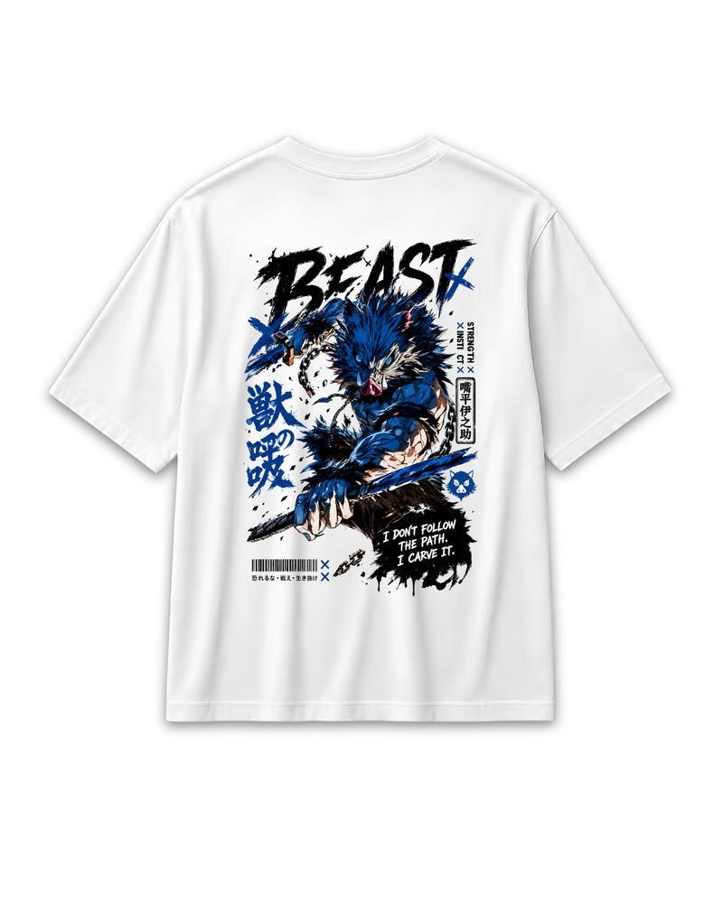 Back view of the white Inosuke Beast Breathing T-shirt with large character artwork inspired by Demon Slayer