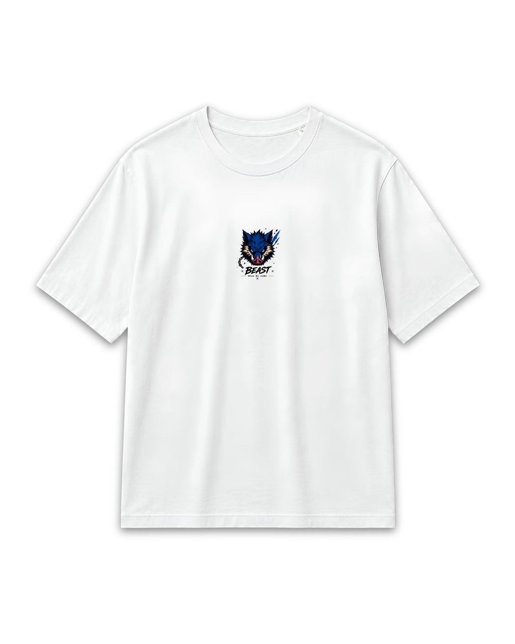 Front view of the white Inosuke Beast Breathing T-shirt with a small chest graphic inspired by Demon Slayer