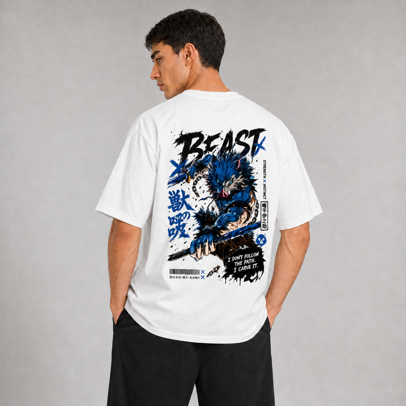 Back view of a model wearing the white Inosuke Beast Breathing T-shirt inspired by Demon Slayer