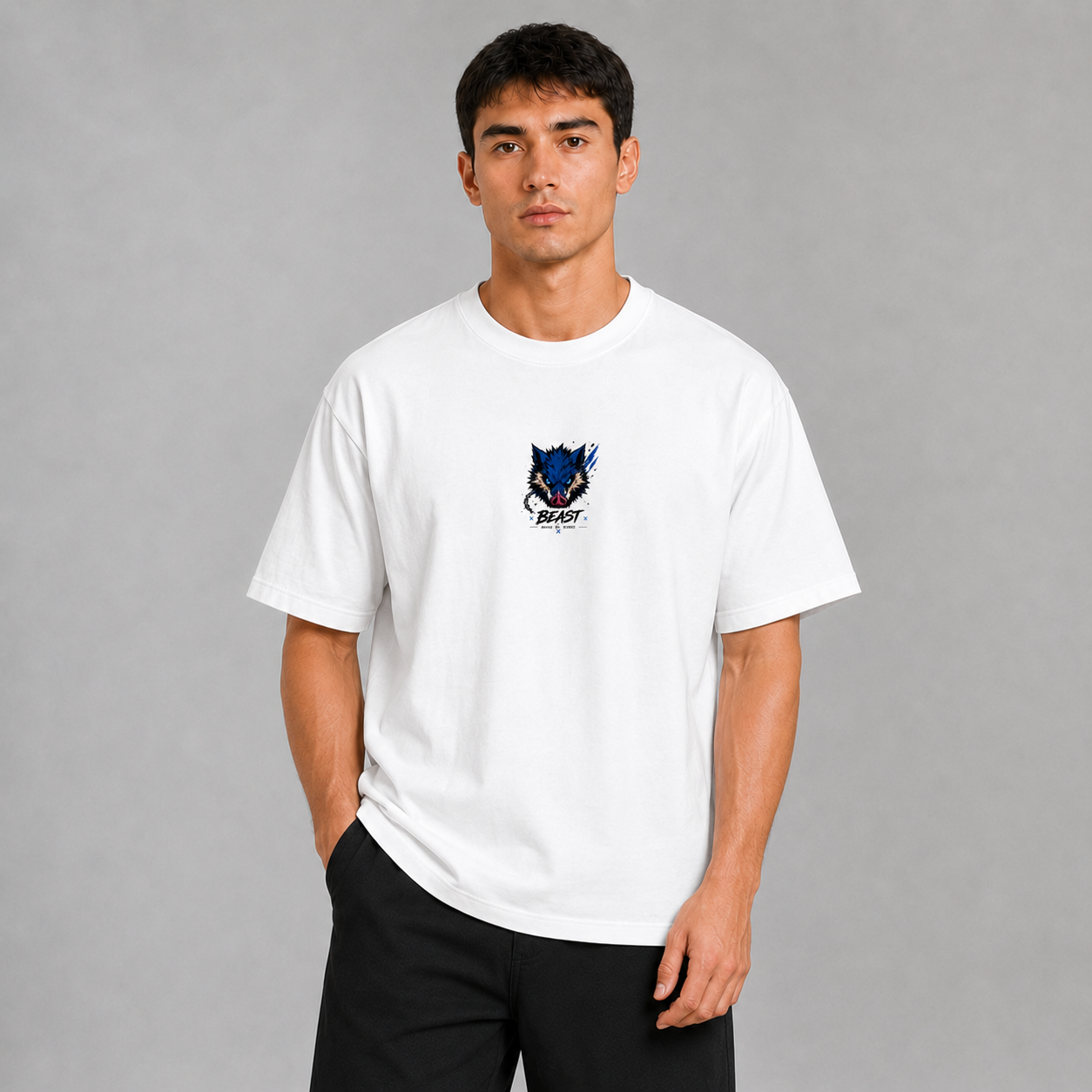 Front view of a model wearing the white Inosuke Beast Breathing T-shirt with a small chest graphic inspired by Demon Slayer