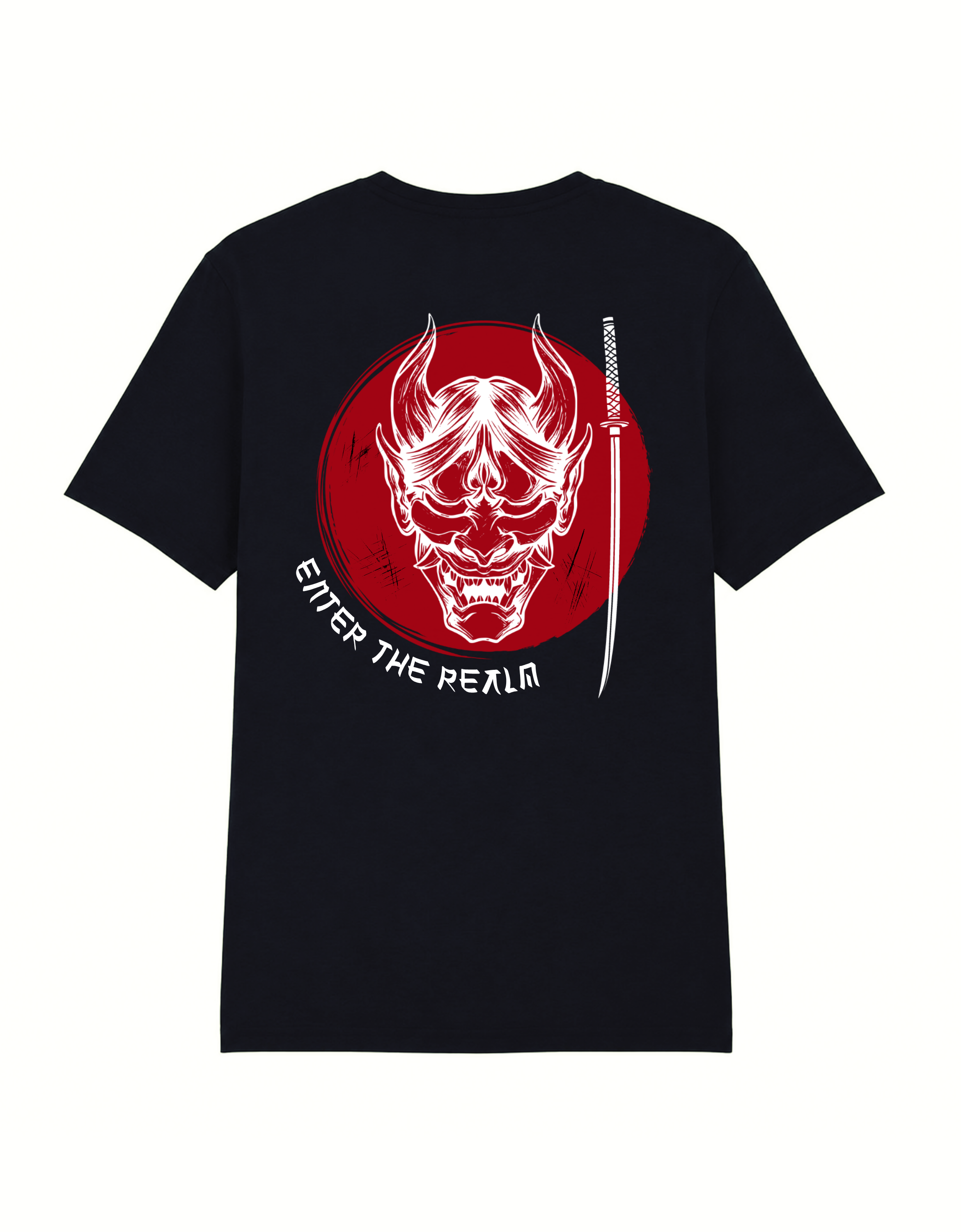 Back view of the black Enter the Realm T-shirt with Hannya mask, katana and red sun artwork