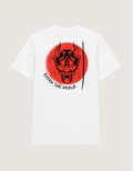 Back view of the white Enter the Realm T-shirt with Hannya mask, katana and red sun artwork