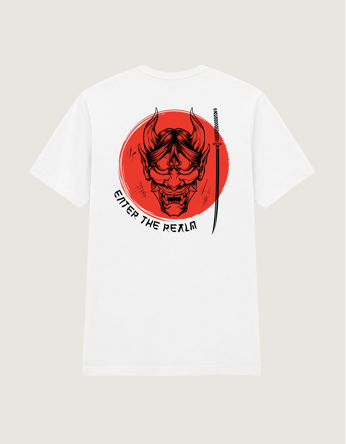 Back view of the white Enter the Realm T-shirt with Hannya mask, katana and red sun artwork