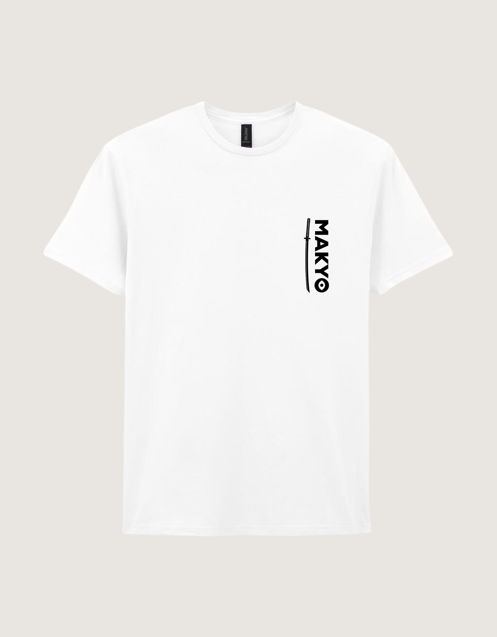 Front view of the white Enter the Realm T-shirt with minimal chest graphic