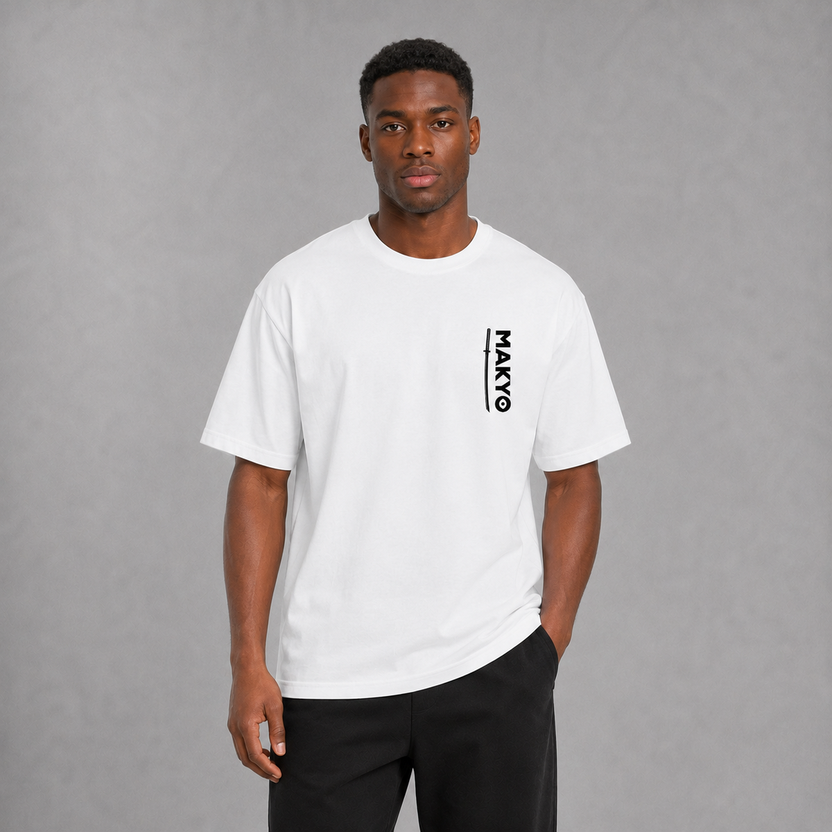 Front view of a model wearing the white Enter the Realm T-shirt with minimal chest graphic