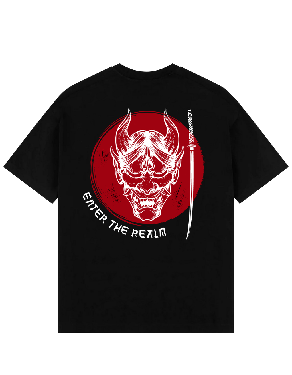 Back view of black oversized T-shirt featuring a demonic Hannya mask in white over a bold red circle, with a vertical katana sword and the phrase ‘Enter the Realm’ beneath.