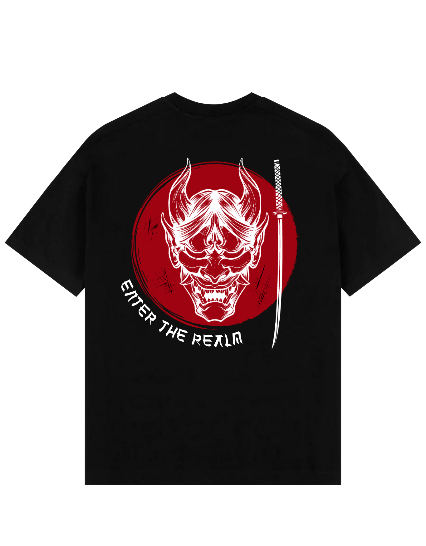 Back view of black oversized T-shirt featuring a demonic Hannya mask in white over a bold red circle, with a vertical katana sword and the phrase ‘Enter the Realm’ beneath.