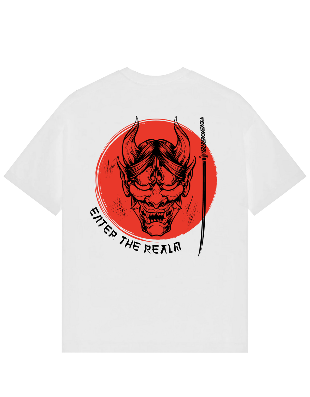 Back view of white oversized T-shirt with red circular backdrop, detailed demonic Hannya mask in black, a vertical katana sword, and the phrase 'Enter the Realm' in bold lettering.