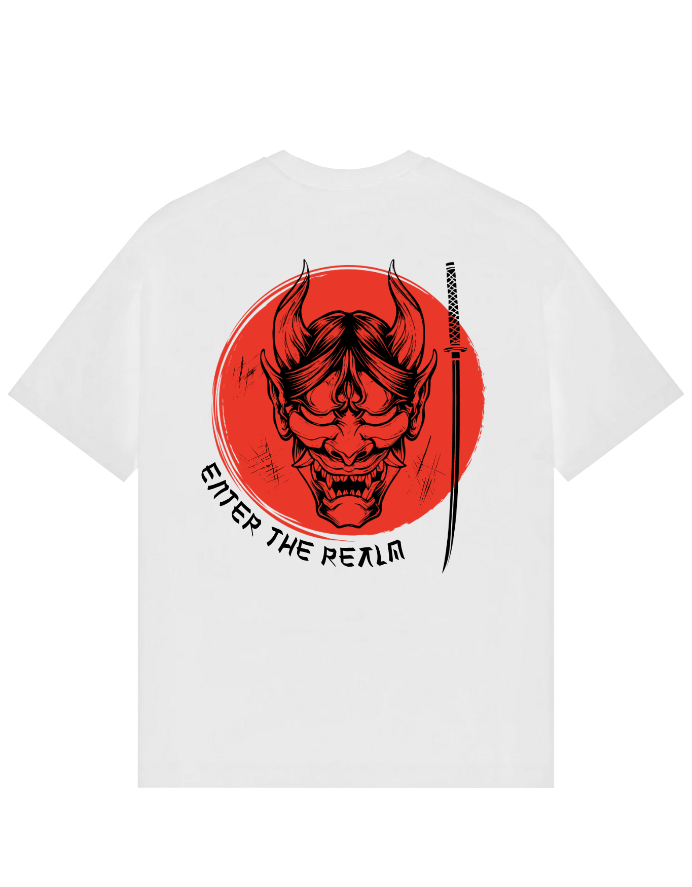 Back view of white oversized T-shirt with red circular backdrop, detailed demonic Hannya mask in black, a vertical katana sword, and the phrase 'Enter the Realm' in bold lettering.