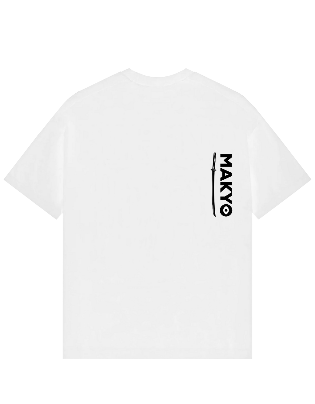 Front view of white oversized T-shirt featuring a minimalist black MAKYO logo and vertical katana sword on the left chest.