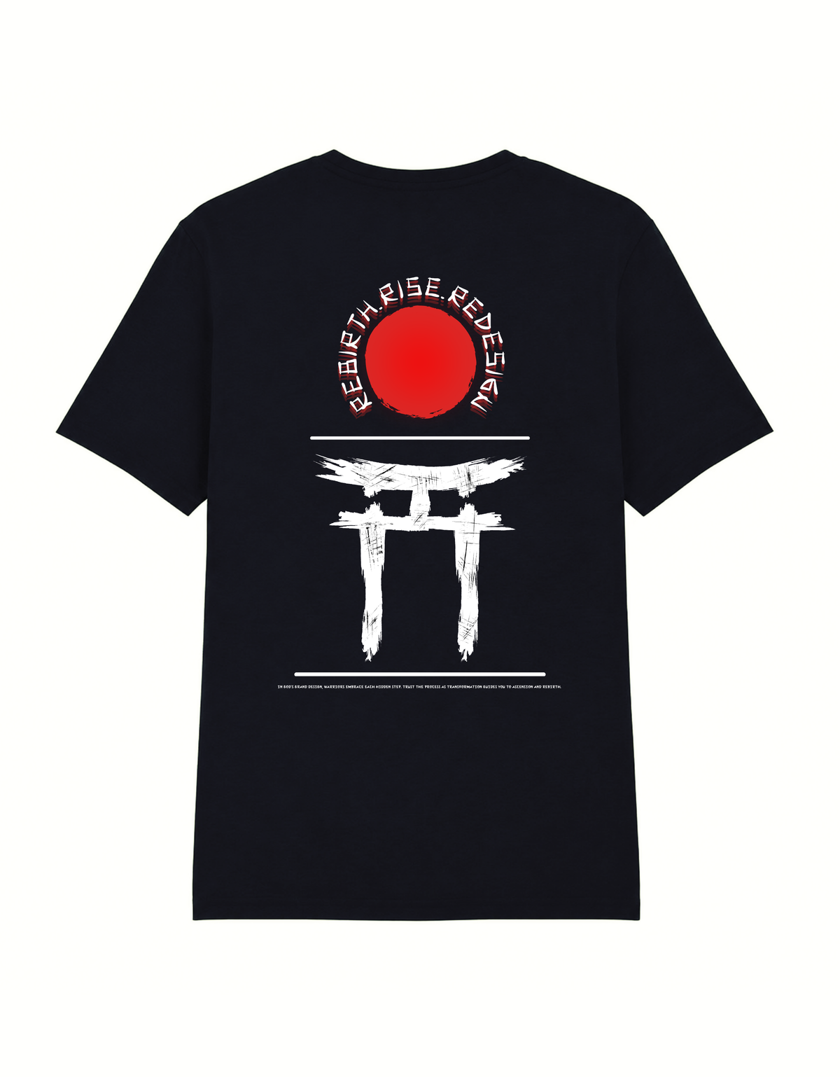 Back view of the black Gate of Becoming T-shirt with red sun and torii gate artwork