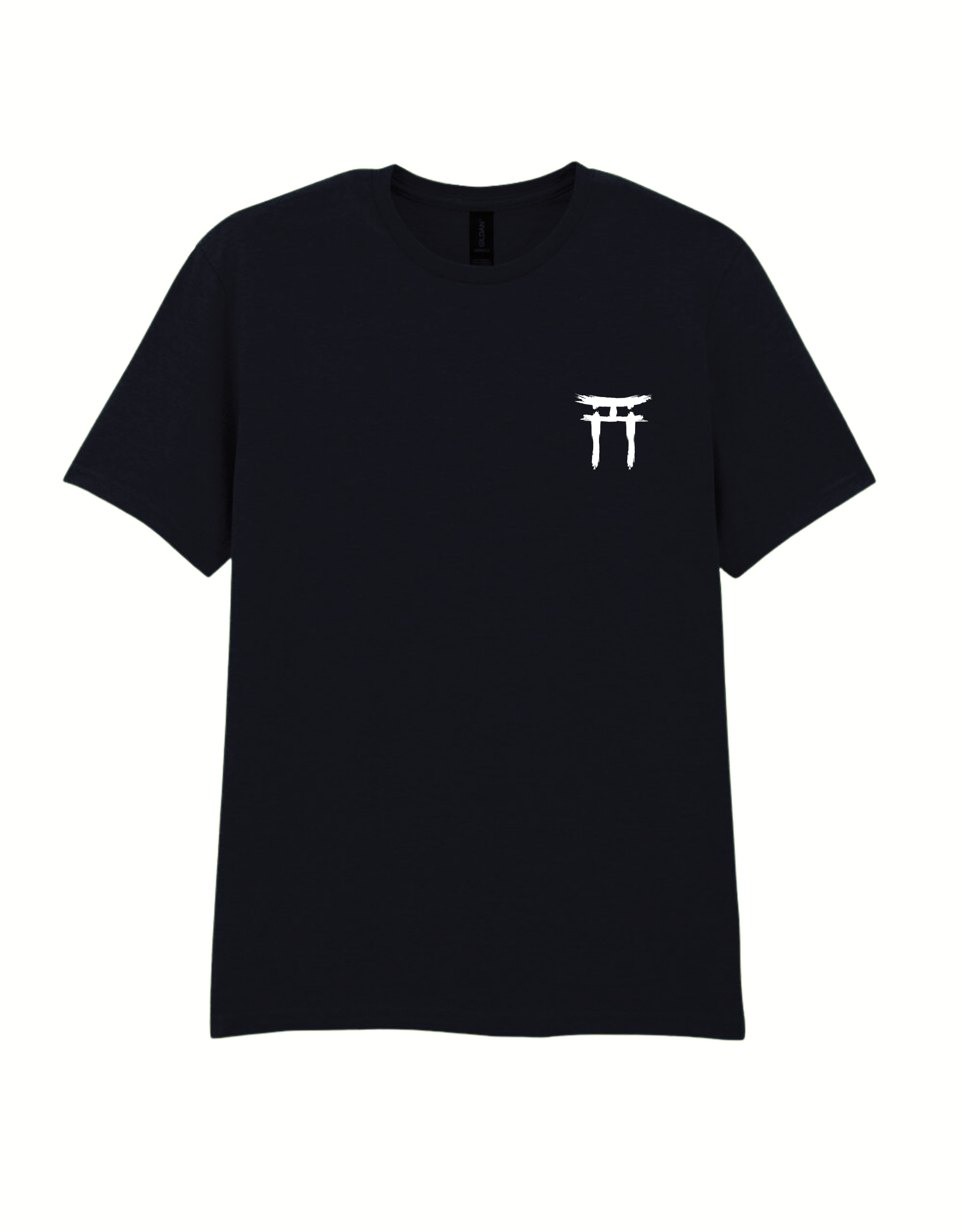 Front view of a model wearing the black Gate of Becoming T-shirt with minimal chest graphic