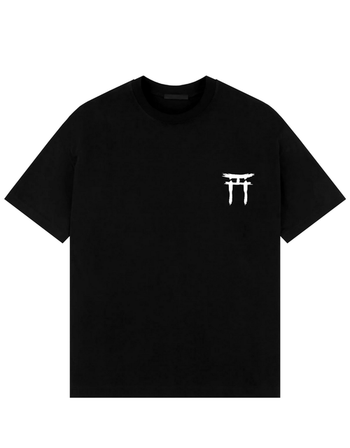 Black t-shirt featuring a tori gate with the japanese sun above. Rebirth. Rise. Redesign. Streetwear with japanese philosophy