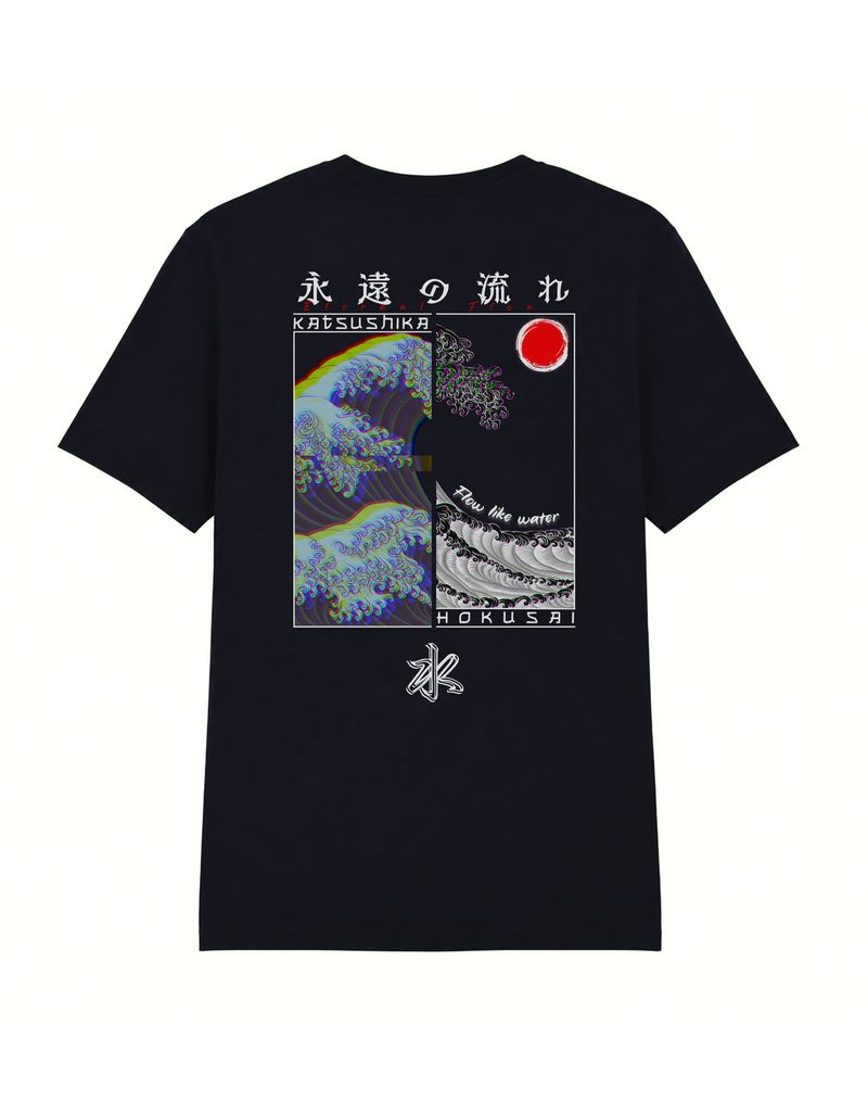 Back view of black Glitched Kanagawa T-shirt featuring Hokusai’s Great Wave with digital distortion