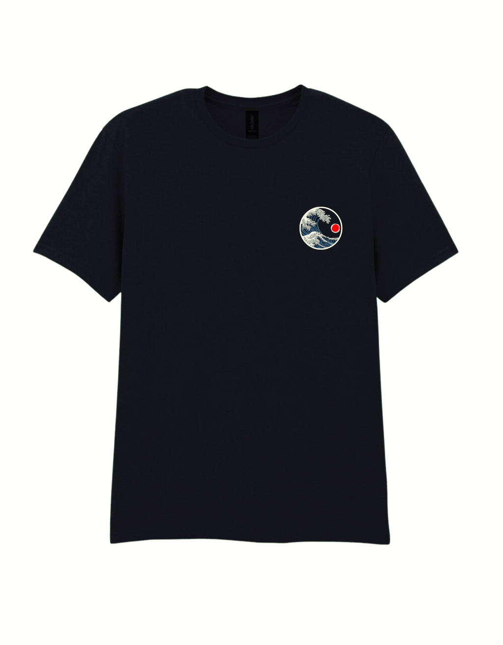 Front view of black Glitched Kanagawa T-shirt with small wave and red sun chest graphic