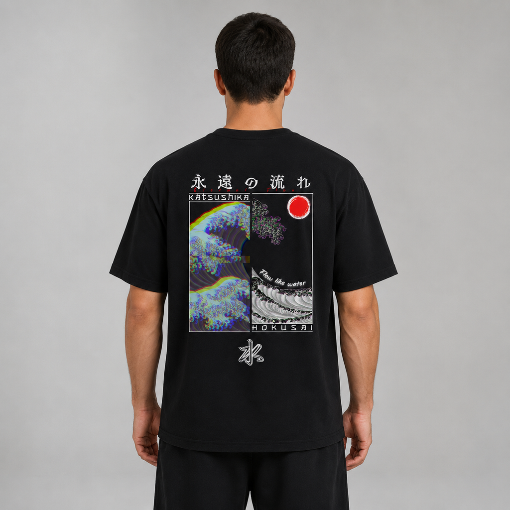 Back view of a model wearing the black Glitched Kanagawa T-shirt with Hokusai wave artwork
