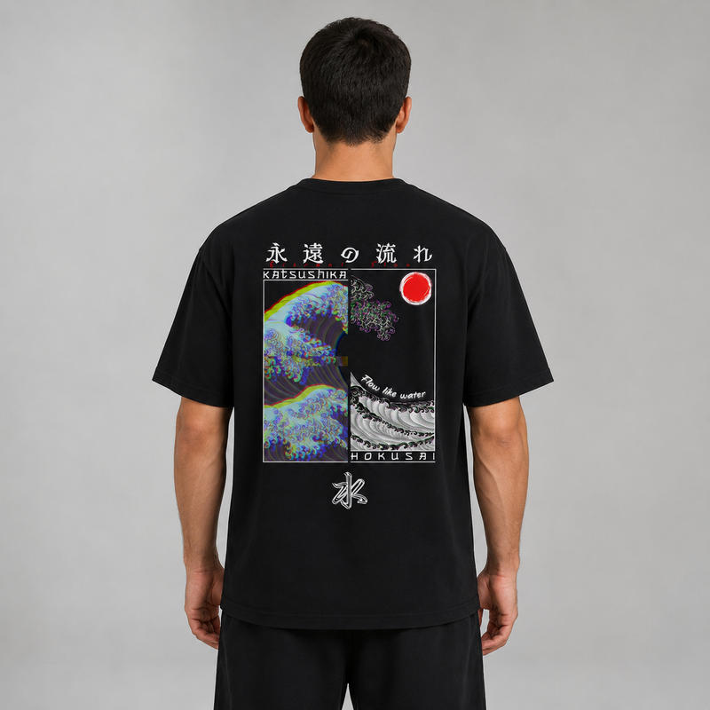 Back view of a model wearing the black Glitched Kanagawa T-shirt with Hokusai wave artwork