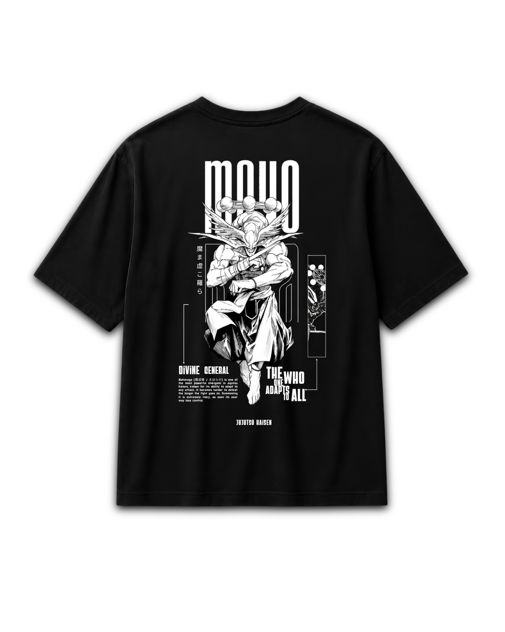 Back view of black Mahoraga Divine Shikigami graphic T-shirt inspired by Jujutsu Kaisen