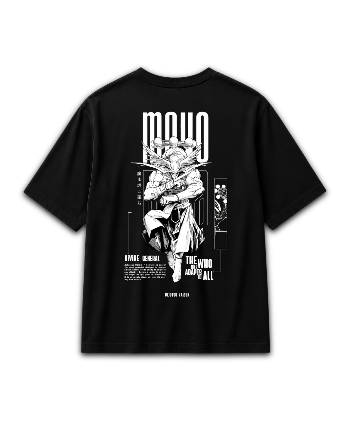 Back view of black Mahoraga Divine Shikigami graphic T-shirt inspired by Jujutsu Kaisen