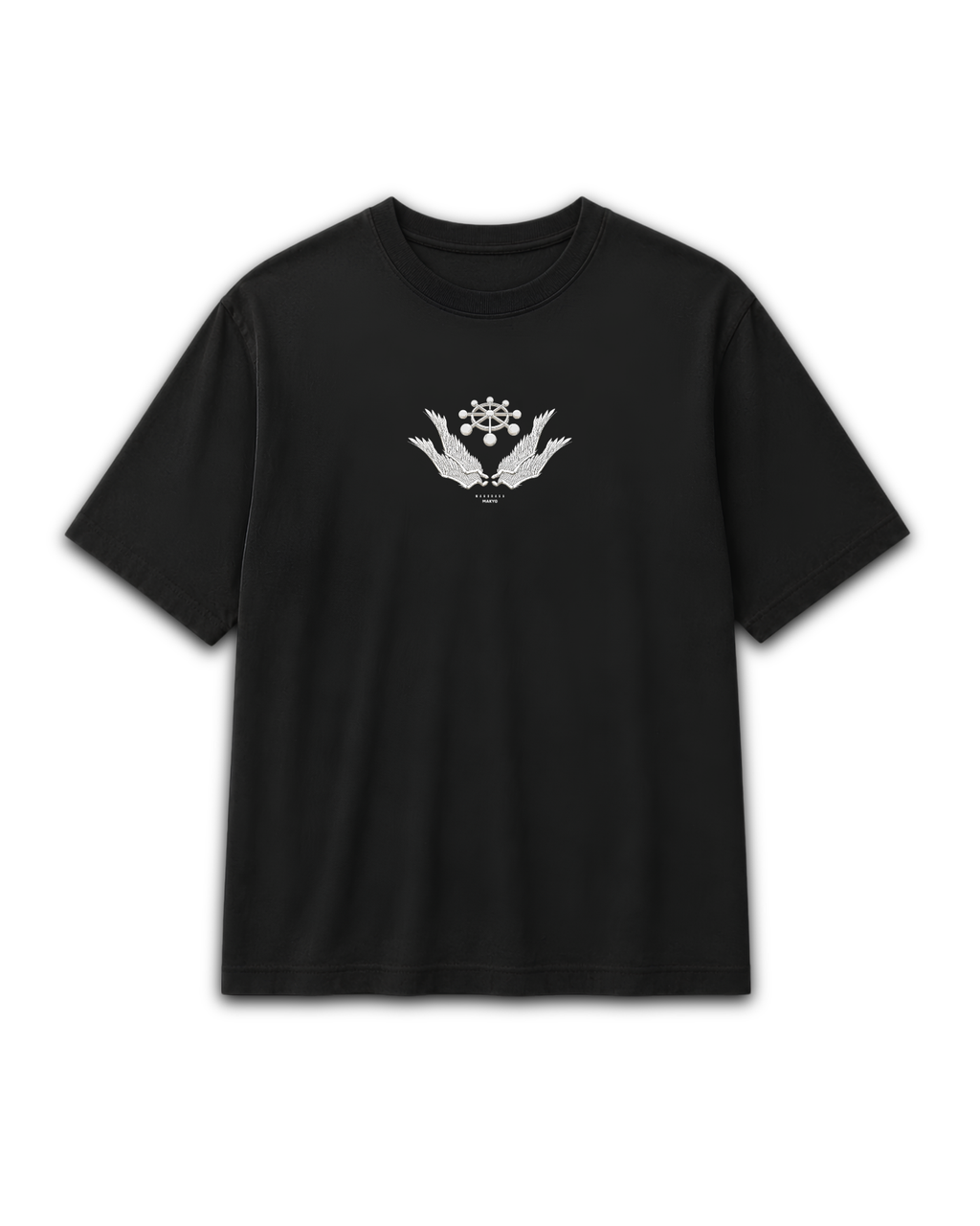 Front view of black Mahoraga Divine Shikigami graphic T-shirt inspired by Jujutsu Kaisen