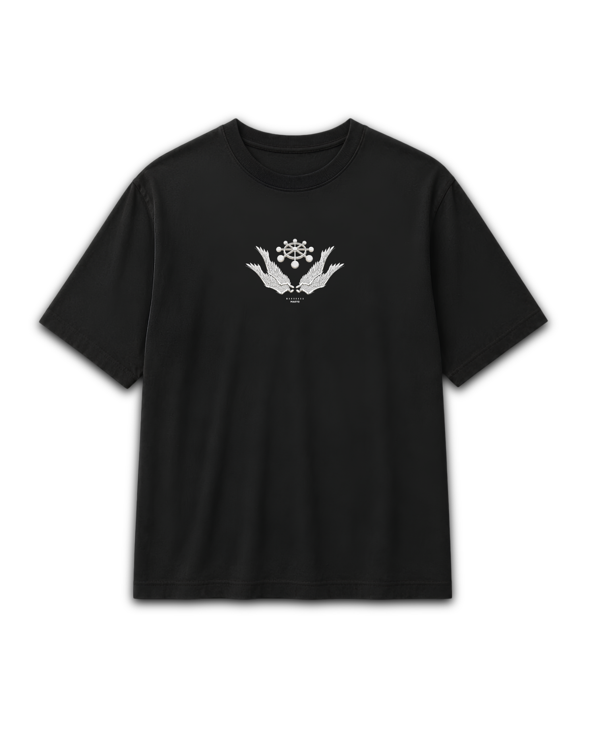 Front view of black Mahoraga Divine Shikigami graphic T-shirt inspired by Jujutsu Kaisen