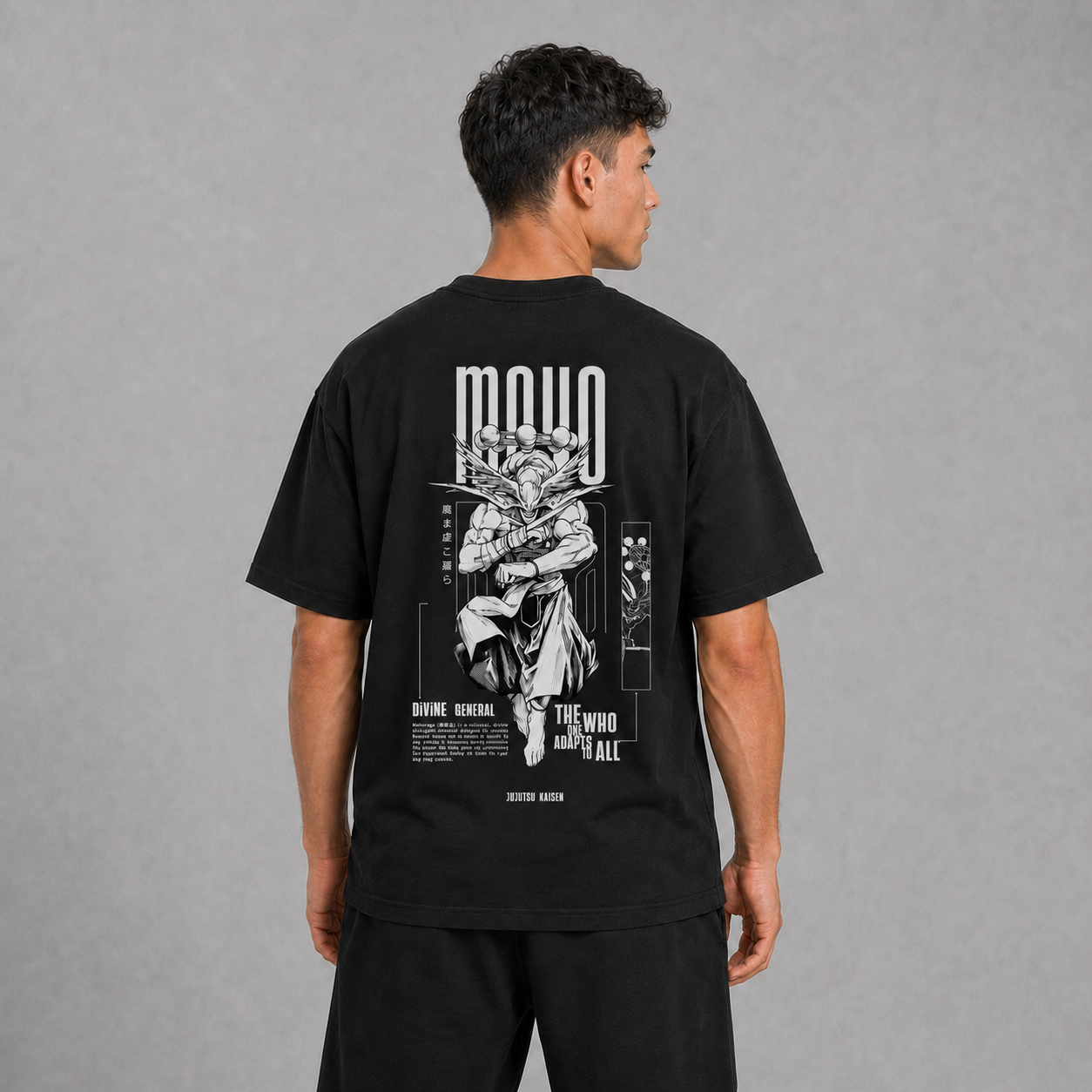 Back view of a model wearing the black Mahoraga Divine Shikigami T-shirt inspired by Jujutsu Kaisen