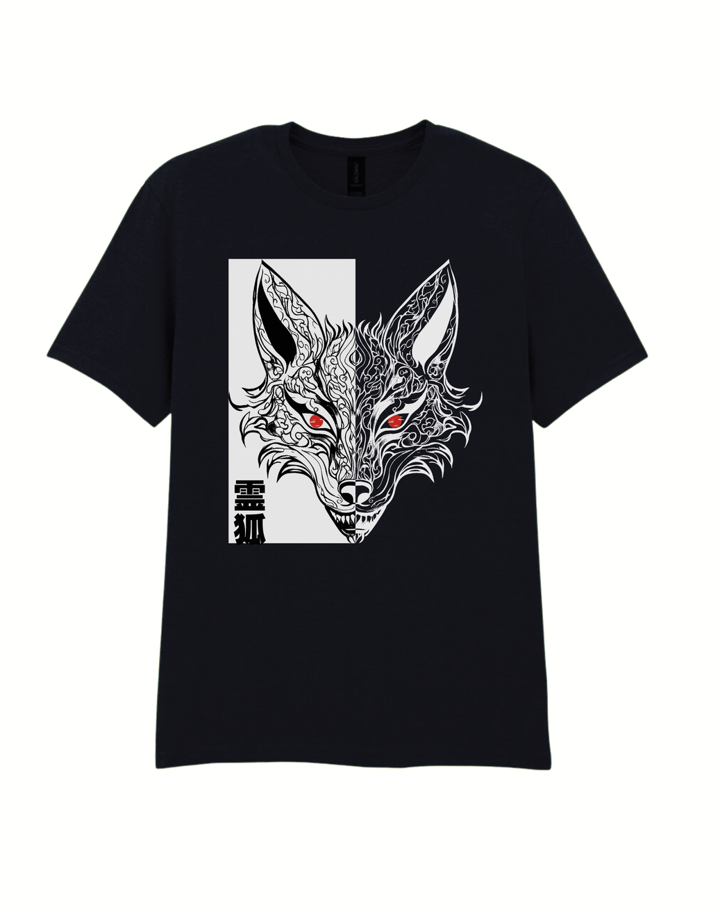 Front view of the black Kitsune Spirit T-shirt with symmetrical Japanese fox artwork