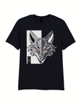 Front view of the black Kitsune Spirit T-shirt with symmetrical Japanese fox artwork