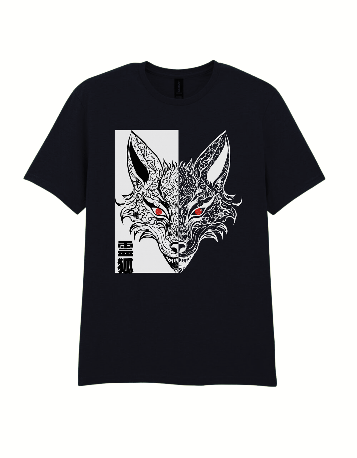 Front view of the black Kitsune Spirit T-shirt with symmetrical Japanese fox artwork