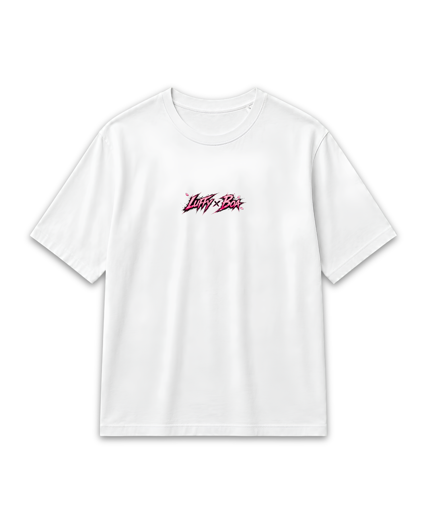 Front view of the white Boa Hancock and Luffy T-shirt with a small chest graphic inspired by One Piece