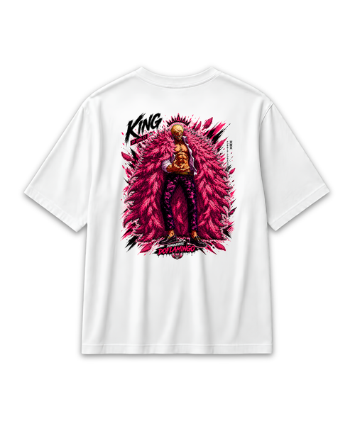 Back view of the white Doflamingo King of Smiles T-shirt with large character artwork inspired by One Piece