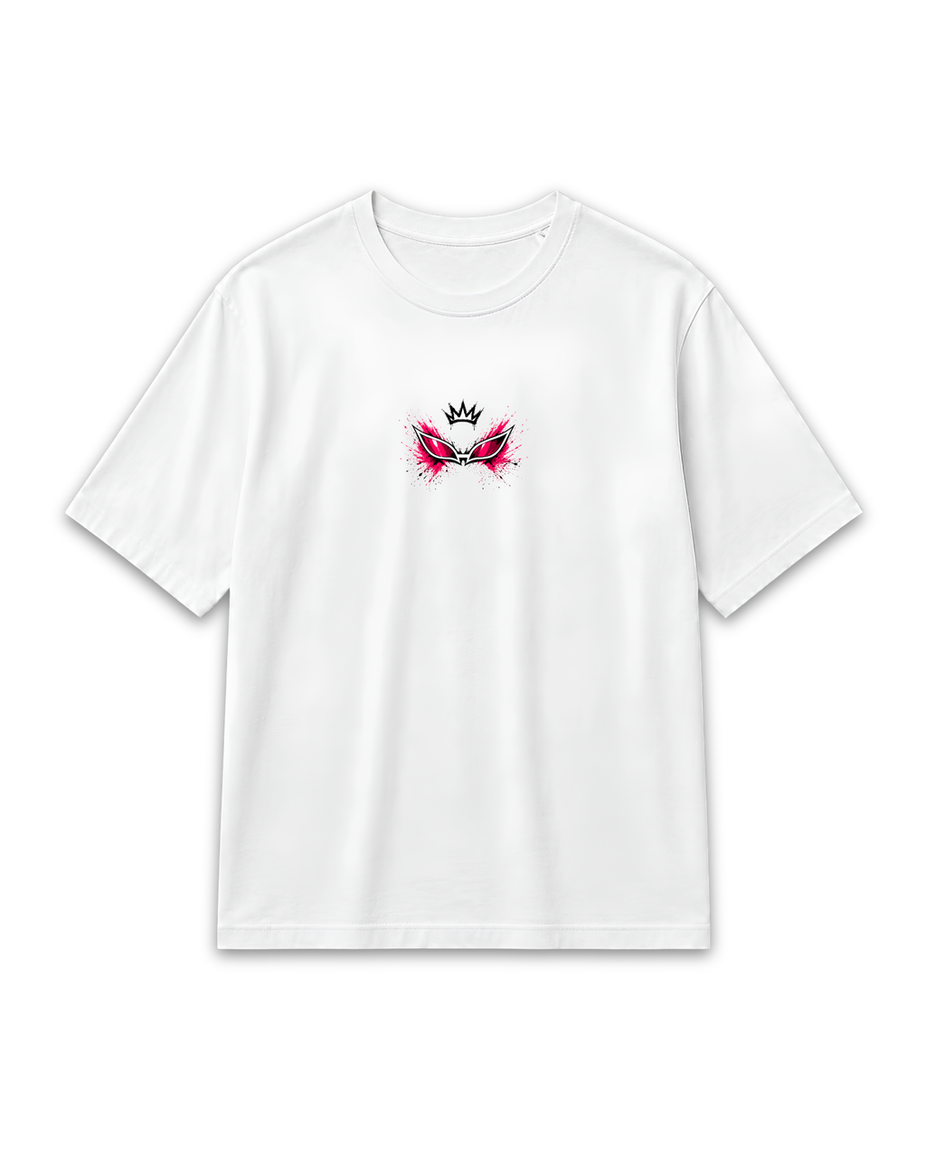 Front view of the white Doflamingo King of Smiles T-shirt with a small chest graphic inspired by One Piece