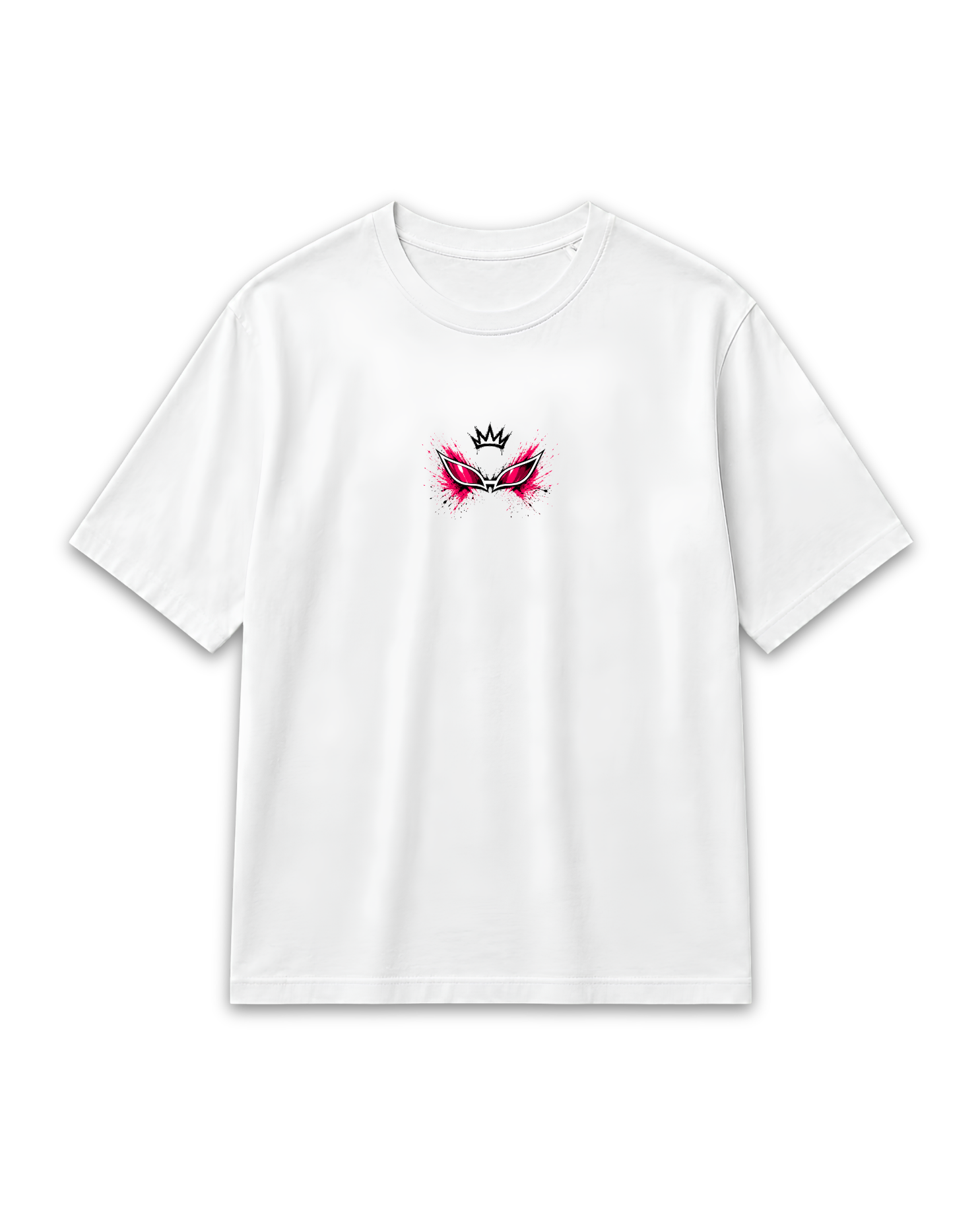 Front view of the white Doflamingo King of Smiles T-shirt with a small chest graphic inspired by One Piece