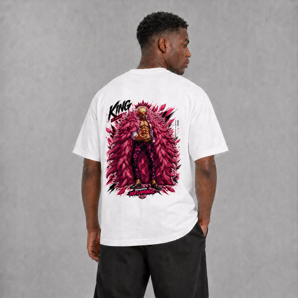 Back view of a model wearing the white Doflamingo King of Smiles T-shirt inspired by One Piece