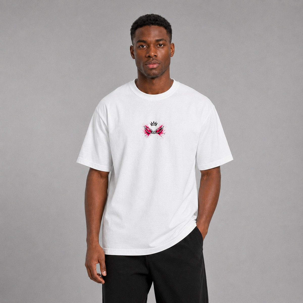 Front view of a model wearing the white Doflamingo King of Smiles T-shirt with a small chest graphic inspired by One Piece