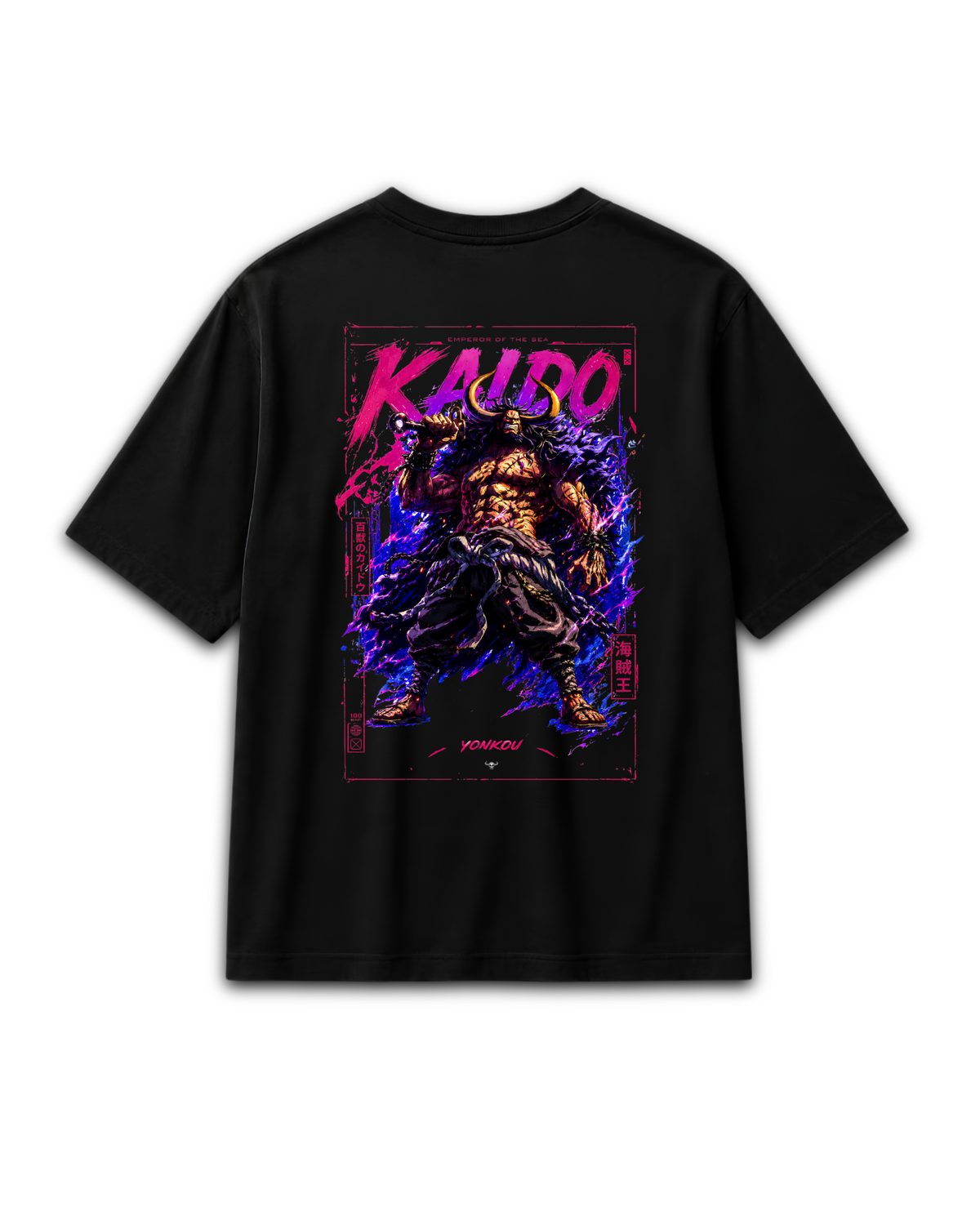Back view of the black Kaido Beast Emperor T-shirt with large character artwork inspired by One Piece
