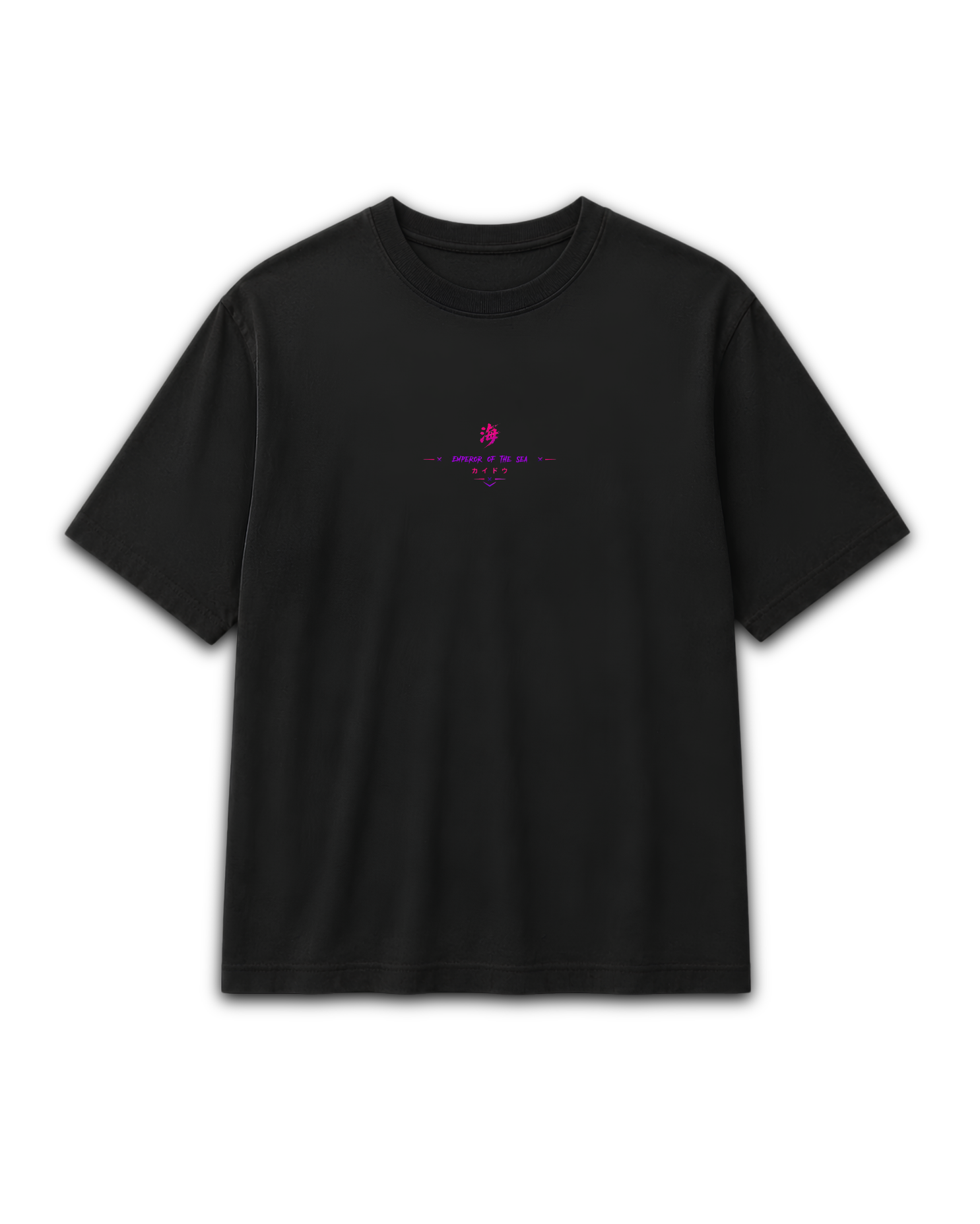 Front view of the black Kaido Beast Emperor T-shirt with a small chest graphic inspired by One Piece