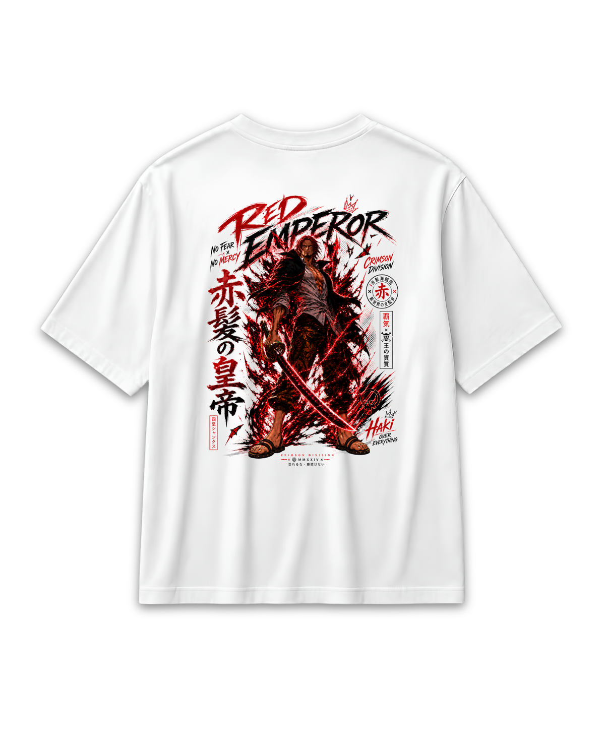 Back view of the white Shanks Red Emperor T-shirt with large character artwork inspired by One Piece